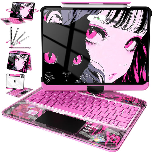 Transparent Keyboard Case with Trackpad for iPad, 7-ColorBacklit Wireless Bluetooth Keyboard with 360 Rotating Stand & Pencil Holder