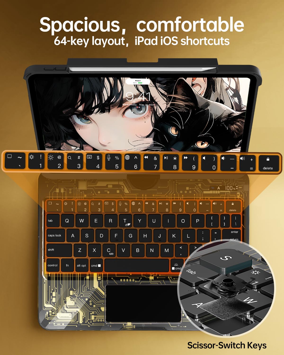 Transparent Keyboard Case with Trackpad for iPad, 7-ColorBacklit Wireless Bluetooth Keyboard with 360 Rotating Stand & Pencil Holder
