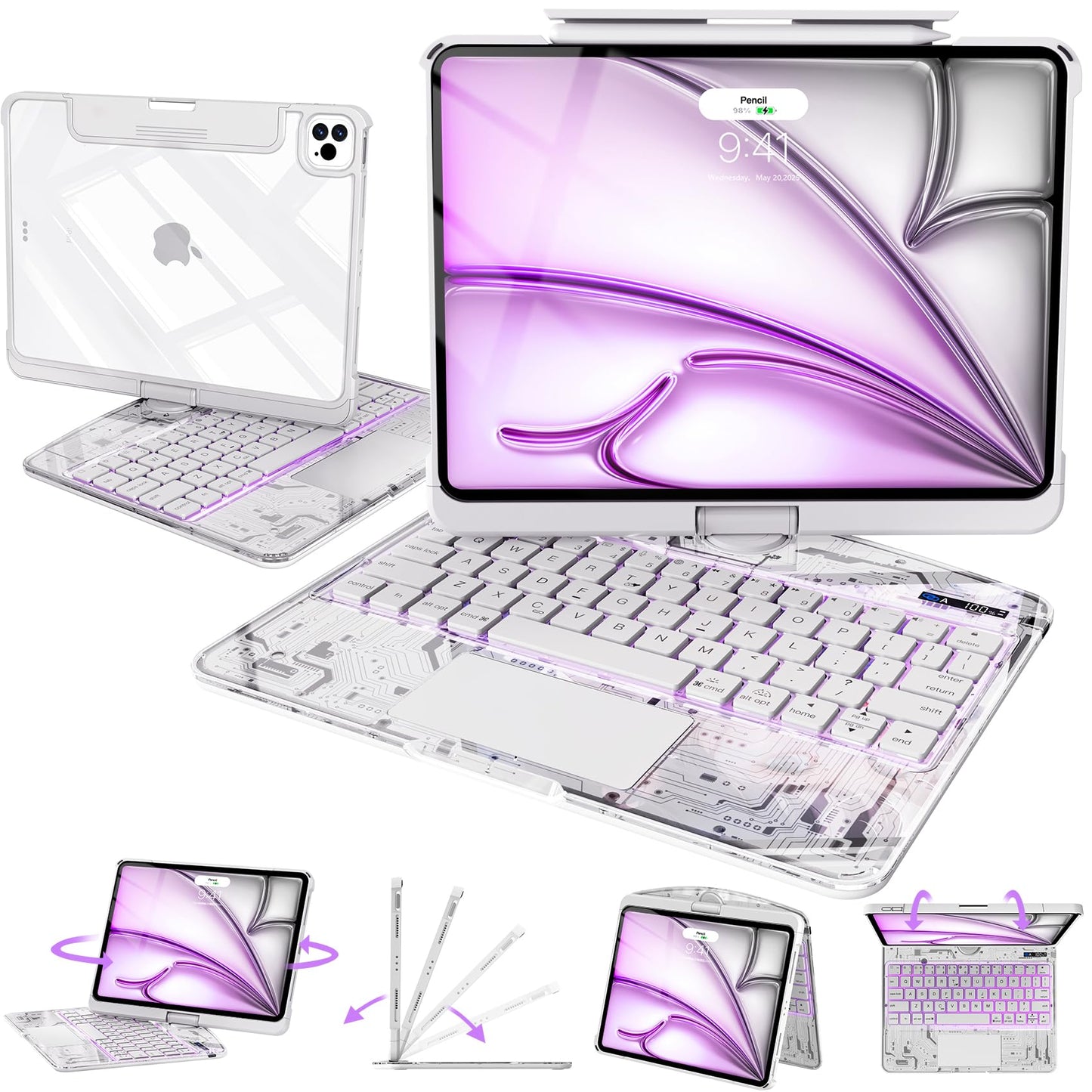 Transparent Keyboard Case with Trackpad for iPad, 7-ColorBacklit Wireless Bluetooth Keyboard with 360 Rotating Stand & Pencil Holder