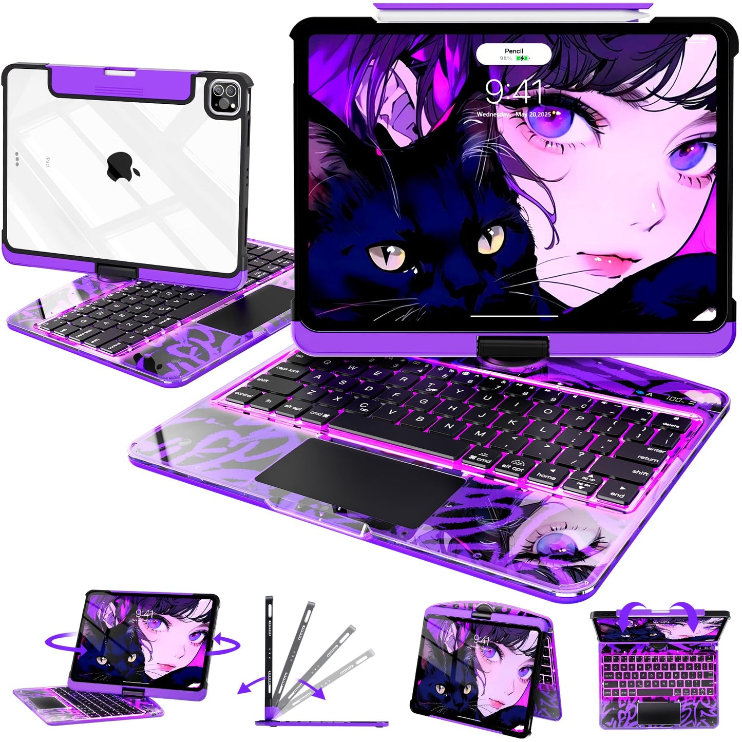 Transparent Keyboard Case with Trackpad for iPad, 7-ColorBacklit Wireless Bluetooth Keyboard with 360 Rotating Stand & Pencil Holder
