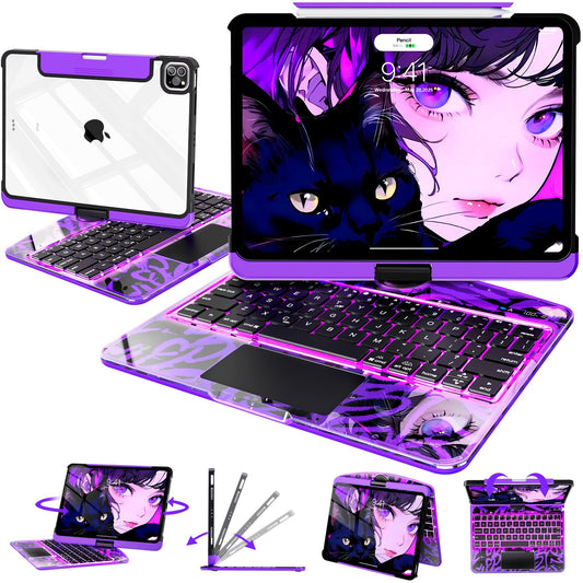 Transparent Keyboard Case with Trackpad for iPad, 7-ColorBacklit Wireless Bluetooth Keyboard with 360 Rotating Stand & Pencil Holder