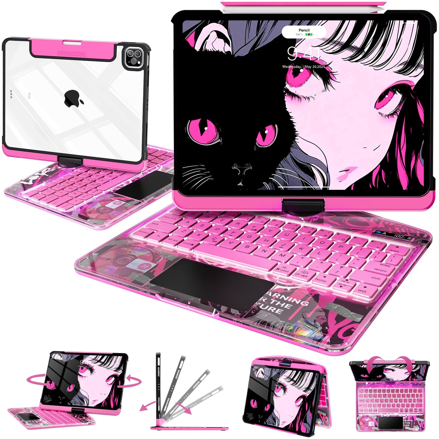 Transparent Keyboard Case with Trackpad for iPad, 7-ColorBacklit Wireless Bluetooth Keyboard with 360 Rotating Stand & Pencil Holder